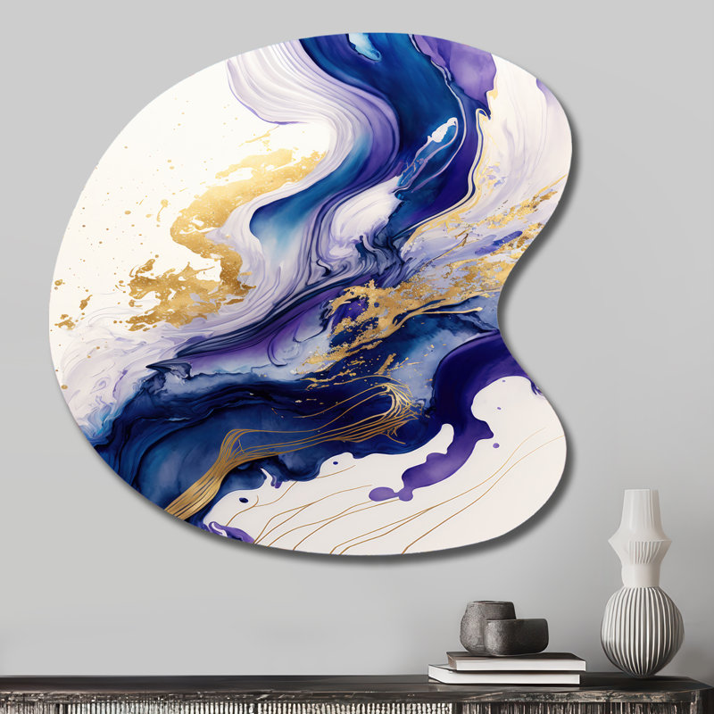 «Blue and Gold Splash Paint IV - Abstract Spirals», décoration murale asymétrique en métal, H 27 po x l 27 po