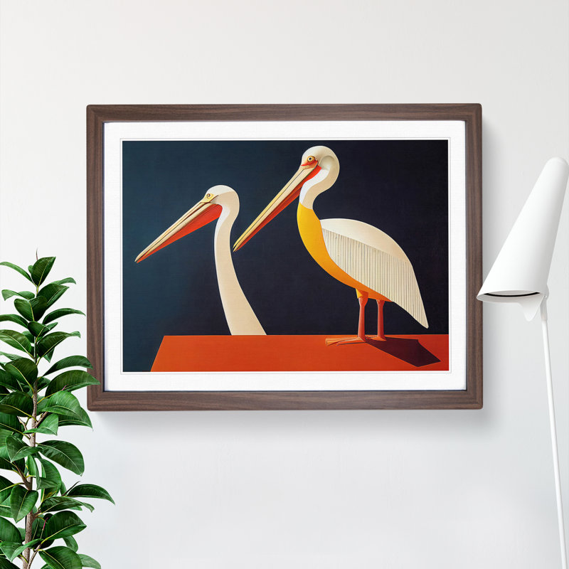 Two Pelicans Abstract - Single Picture Frame Print, 46cm H x 64cm W x 2cm D, Walnut