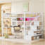 Lit mezzanine double avec station de charge à DEL, lit mezzanine en métal avec bureau et escalier, lit mezzanine avec garde-robe, blanc-565650036