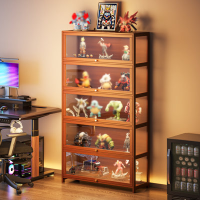 Vitrine haute, armoire de rangement en noyer et bambou avec portes en acrylique, meuble d'appoint autoportant à 5 niveaux