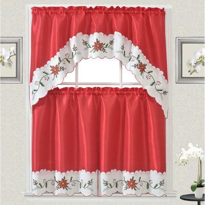3pc Kitchen Curtain Set Ronie design Christmas New Year Holidays Embroidered Modern Style Consist of 2 Tiers: 30"X36" each and a Swag: 60"X36" Red Color