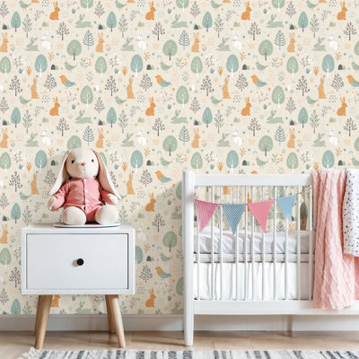 Peel and Stick Wallpaper Forest seamless funny rabbits Hand drawn For kids fabric Contact Paper Removable Self Adhesive Wall Mural Wall Decor for Bedroom Kitchen Cabinets 24in x 118in