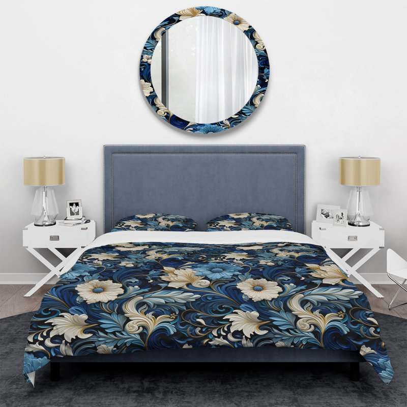 Ensemble de housse de couette motif à volutes bleues à volutes bleues, Housse de couette simple + 1 taie décorative stan