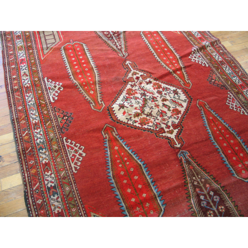 Antique Caucasian Geometric Medallion Wool Hand Knotted Pile Coral / Salmon Pink 1900s Rug