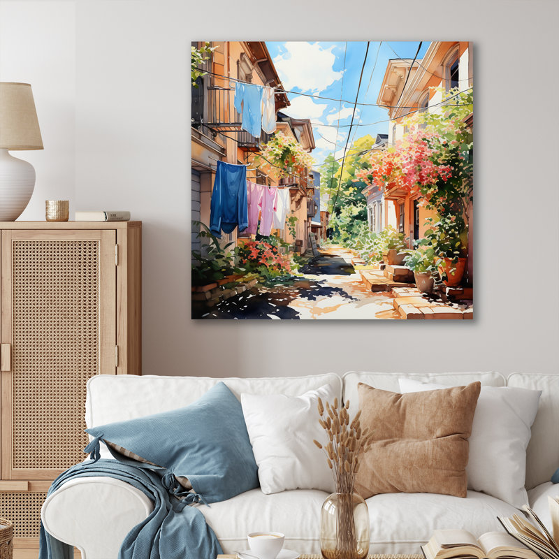 «Italian Village», reproduction de scène rustique sur toile - Jour de lessive en Italie II, H 30 po x l 30 po x P 1 po