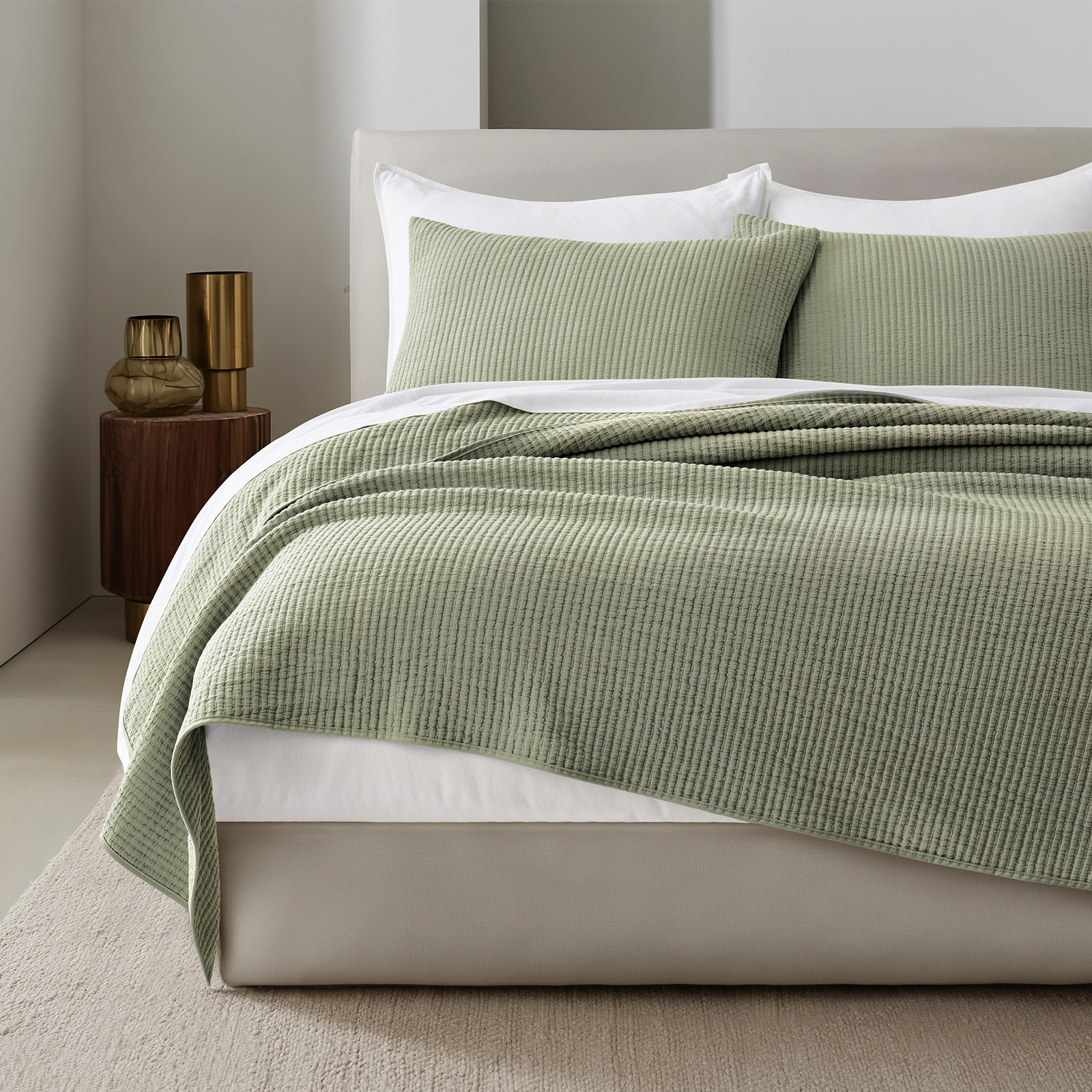 Ribbed Cotton Coverlet Set, Queen Quilt + 2 Shams, Dried Sage