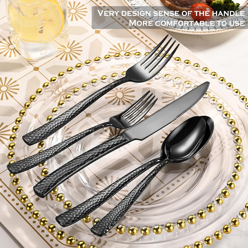 Ensemble de couverts 30 pièces en acier inoxydable martelé pour 6 personnes, coutellerie de cuisine et de fête durable, va au lave-vaisselle