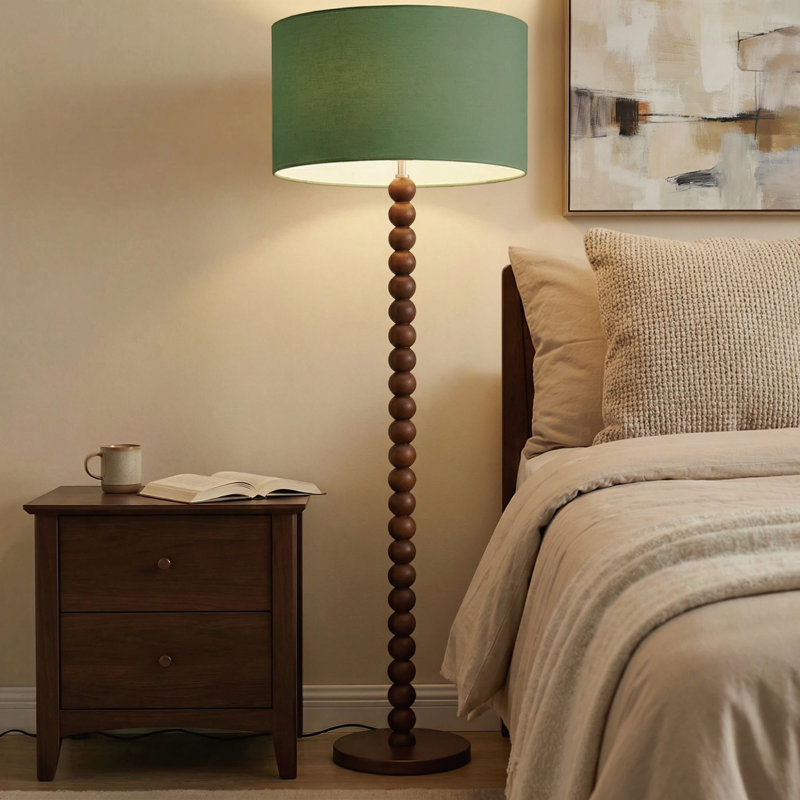 Lampe sur pied en bois perlé de 61 po avec abat-jour en lin de 17,2 po, lampe sur pied au fini noyer rétro pour salon, chambre à coucher, bureau, coin lecture et coin, homologuée UL, douille E26, ampoule non incluse
