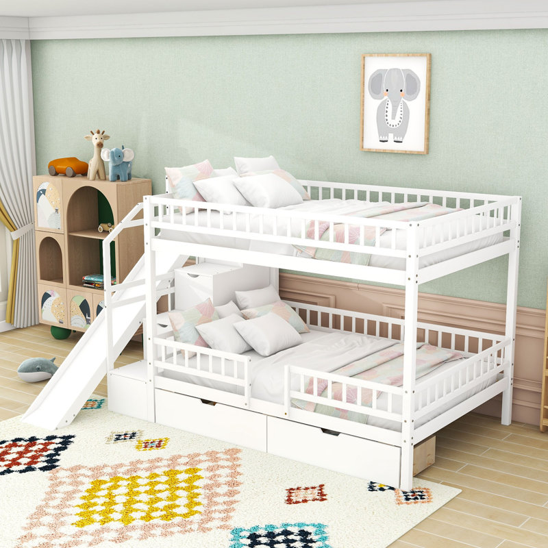 Lit superposé double en bois avec glissière, tiroirs de rangement et escalier, White