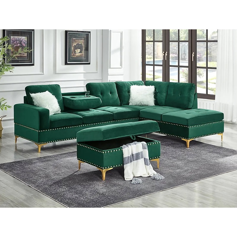 Angad Upholstered U-Shaped Sectional Symmetrical, Green Chenille