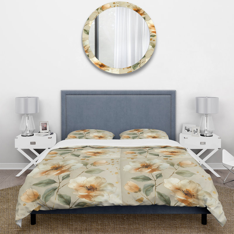 Gold Green Watercolor Floral Dream - Ensemble de housse de couette floral, Housse de couette pour grand lit + 2 taies décora