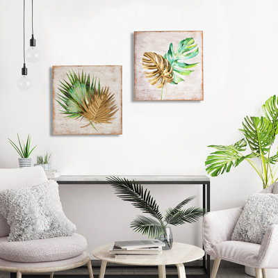 15.8'' Tropical Leaf Wall Art Set of 2 Metal & Wood Wall Decor, Handmade Rustic Farmhouse Style