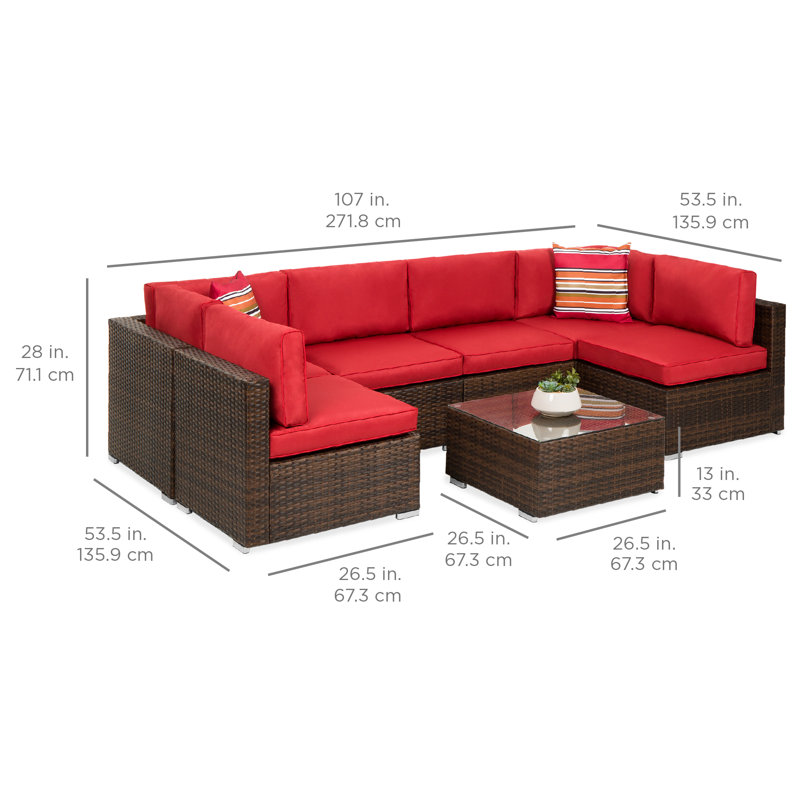 Iosif 7-Piece Outdoor Modular Patio Conversation Furniture, Wicker Sectional Set, Red, Brown