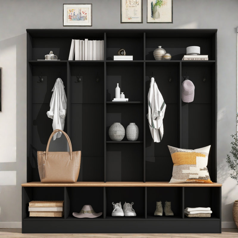 Wide Design Hall Tree With Storage Bench, Shoe Cabinet, Shelves And 8 Hooks, Black