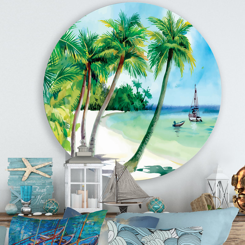 Plage d'été avec palmiers - art mural nautique et côtier en métal, H 11 po x l 11 po x p 1 po