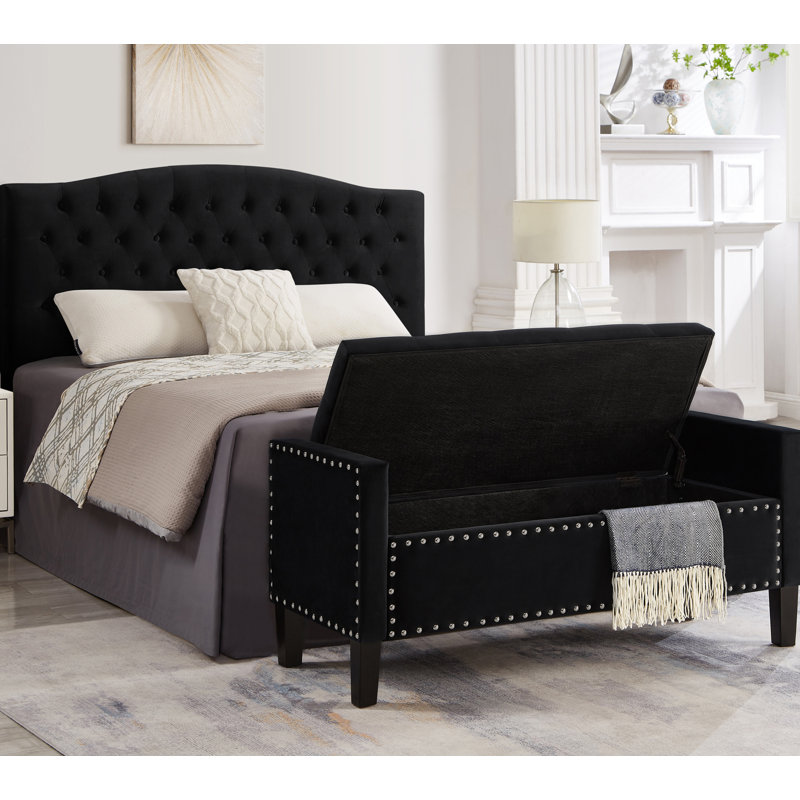 Banc rembourré capitonné avec rangement à boutons et garniture cloutée, siège rembourré pour salon, Black, Black