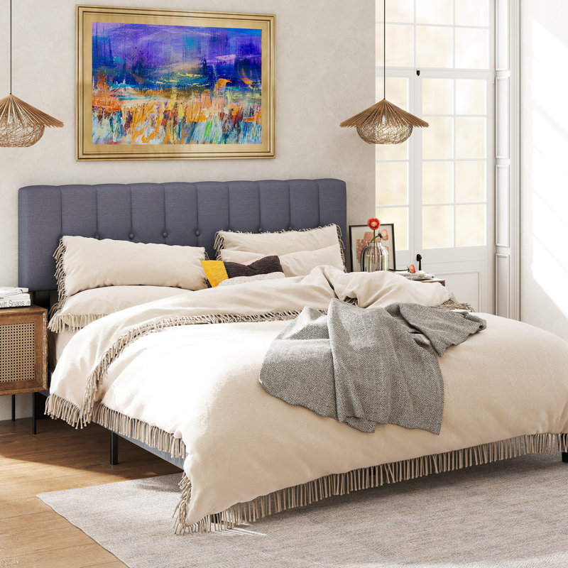 Upholstered Bed Frame with Adjustable Headboard, Queen