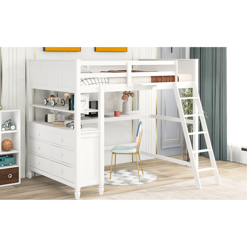 Lit mezzanine double avec tiroirs - Aménagement efficace de la chambre à coucher, bureau de travail blanc et rangement pour transformer votre espace en espace de production