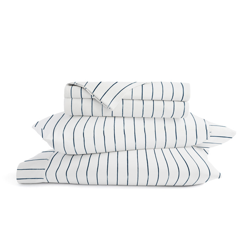  Ensemble de draps en microfibre bleu marine patiné, Ensemble de draps pour lit simple avec 1 taie d'or, Rayé 1