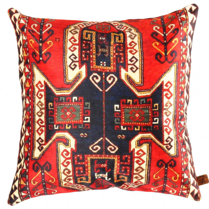 Coussin en velours Pasargad, Rouge / bleu marine / ivoire / gris oriental, H 16 po x l 16 po, Carré