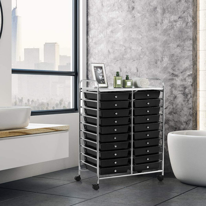 Halethorpe 20 Drawer Storage Drawer with Locking Wheels, Chrome, Black