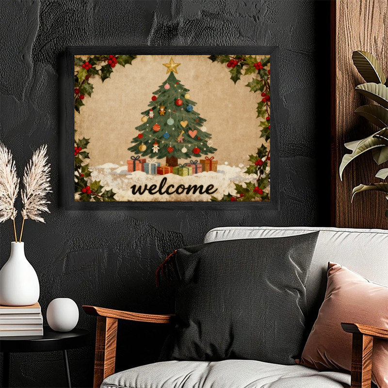 Cadre noir, arbre de Noël rétro, art mural ferme, impression de cadre festif, H 13 po x l 17 po