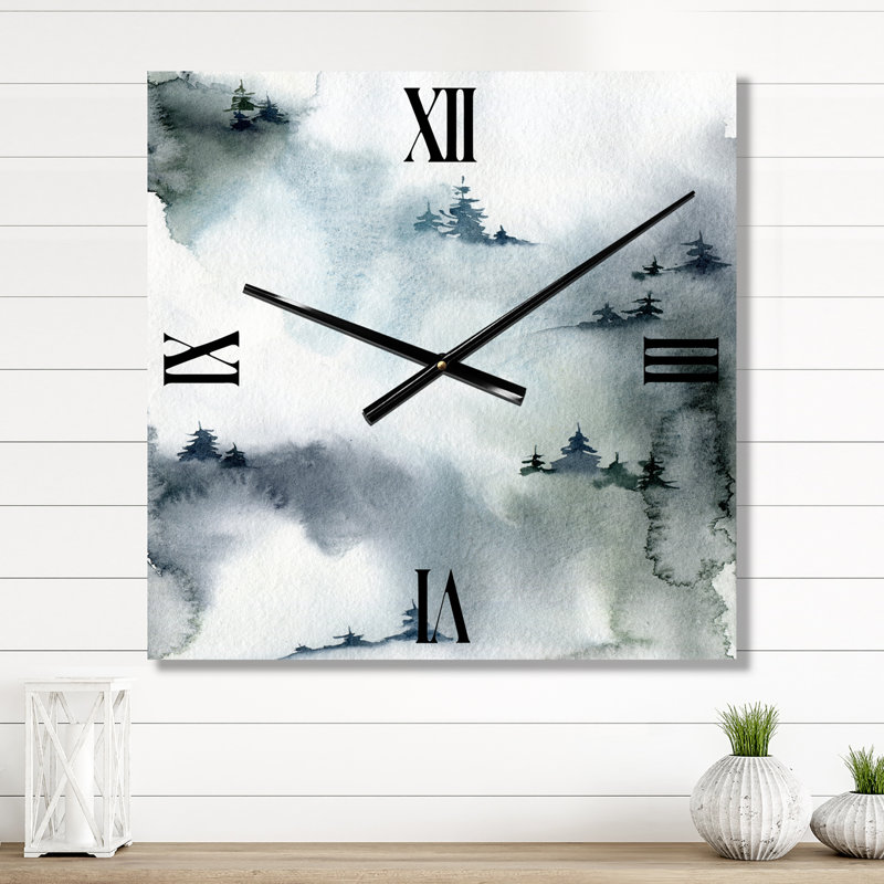 Horloge murale minimaliste forêt d'hiver avec sapins enneigés, Moyen