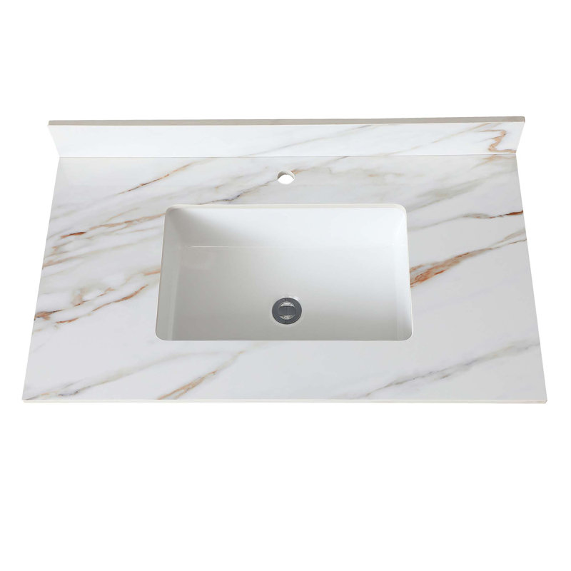 Dessus de meuble-lavabo en marbre, comptoir de salle de bain avec lavabo central encastré rectangulaire et dosseret de 4 po de hauteur, comptoir pré-percé, Carrare avec veines