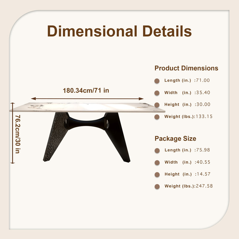 Marble Dining Table For Kitchen, 29.92"H x 71"L x 35.4"W