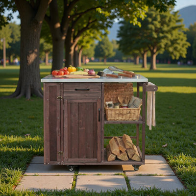 Outdoor Kitchen Island Fir Wood Prep Station Lockable Kitchen Cart With Stainless Top, Spacious Storage Space