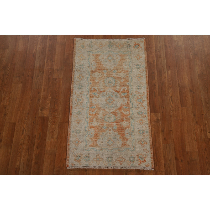 Tapis orange en laine noué à la main de conception unique 2 pi 1 po x 3 pi 8 po New Age