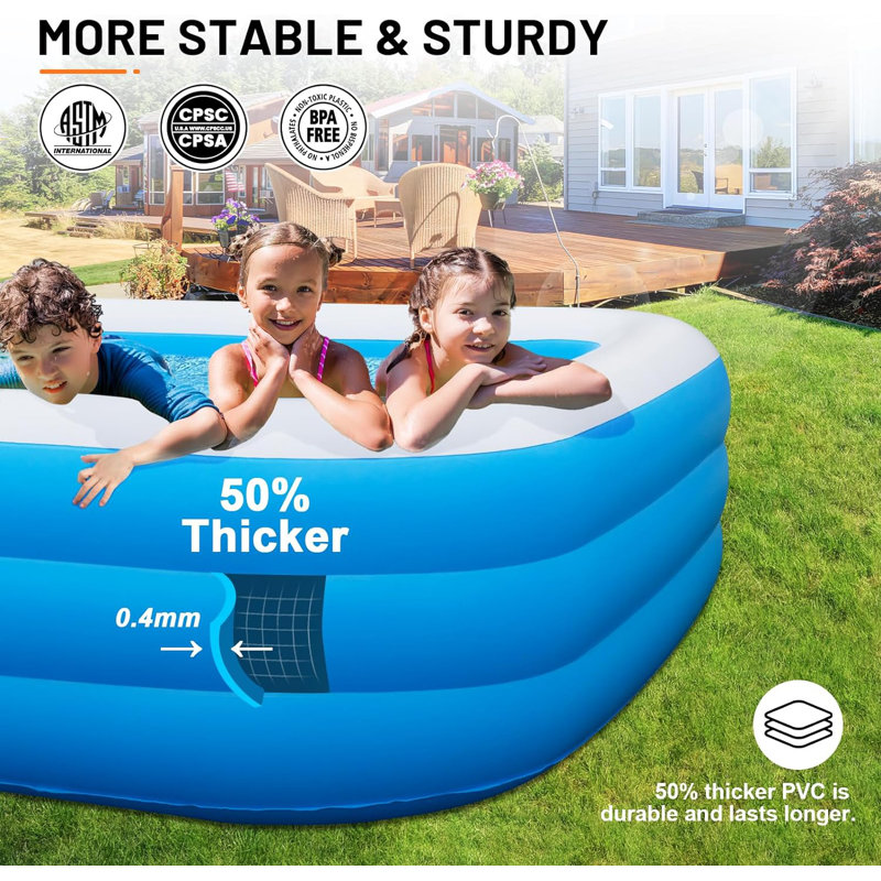 Large Blue PVC Rectangular Inflatable Pool with Pump