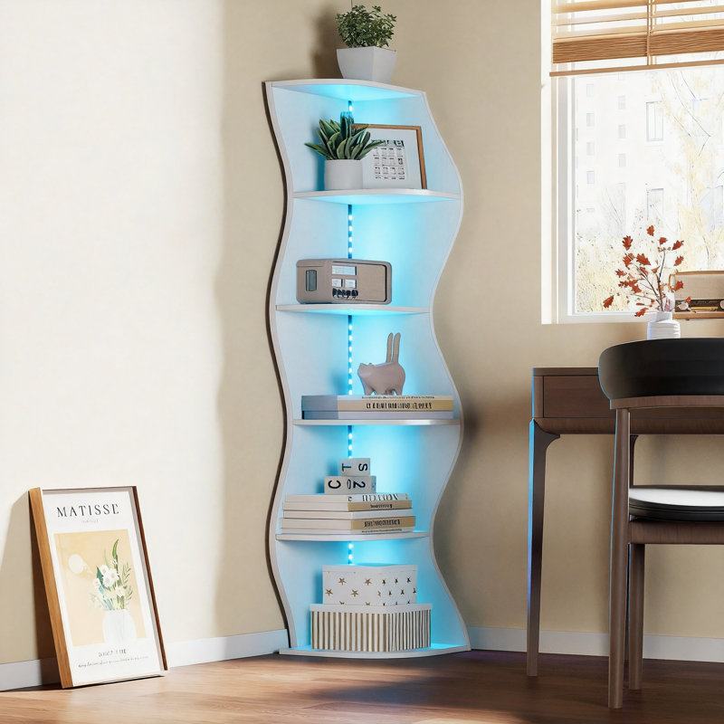 Modern LED Corner Bookshelf With Remote, 5 Tier Lighted Display Shelf, RGB 7 Color Floor Standing Bookcase Storage Rack