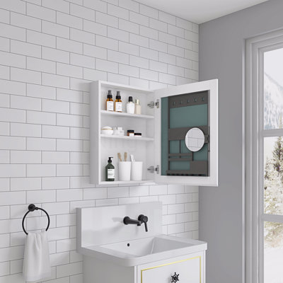 20" W x 26" H Bathroom Mirror Medicine Cabinet – Wall-Mounted with HD Mirror, Built-In Makeup Mirror, Right-Opening Door for Storage