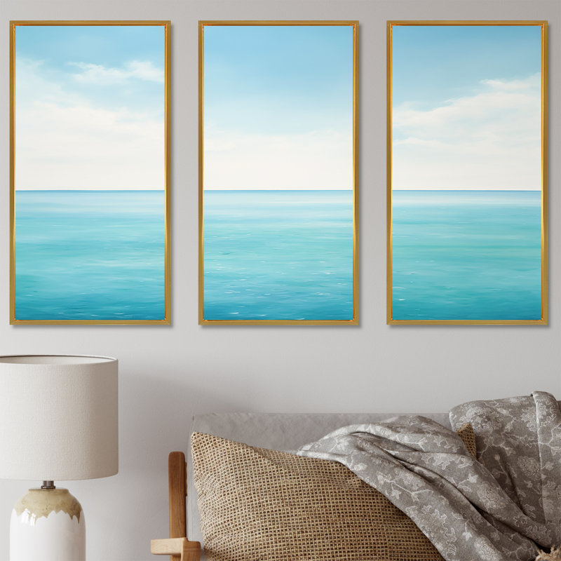 Ensemble de salon art mural océan Minimalisme Horizon Charm II, Cadre flottant doré, H 40 po x l 60 po x P 1 po