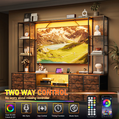 Meuble télé 70 po pour le salon, meuble télé avec 14 tiroirs en tissu, meuble télé avec 2 lumières DEL et prises de courant, meuble télé pour chambre à coucher avec tablette de rangement