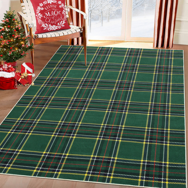 Tapis de Noël à carreaux Buffalo, rouge et vert, à poils courts et antidérapant, Vert, 5 x 7 pi