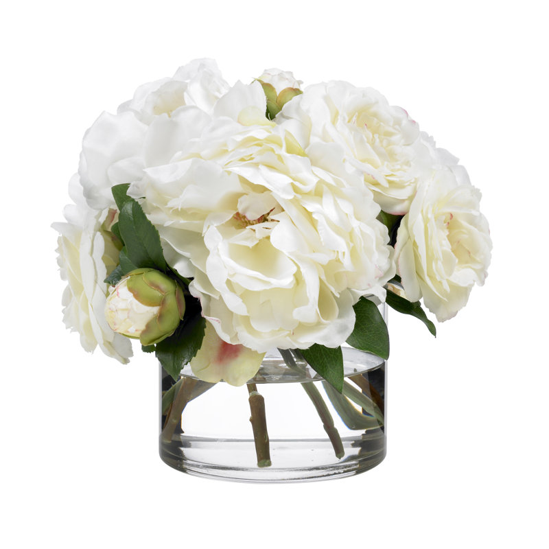 Camellias and Peonies in Glass Cylinder Vase