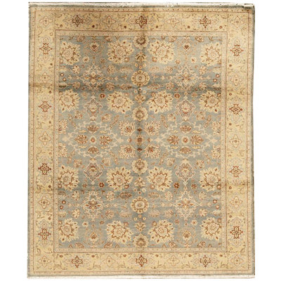Tapis bleu clair et doré de haute qualité noué à la main