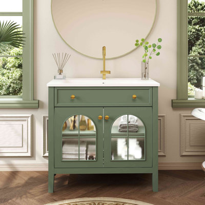 Lavabo de salle de bain de style Mid-Century avec verre à motif et bande lumineuse à capteur de mouvement, meuble-lavabo de salle de bain autoportant Farmhouse avec rangement, meuble-lavabo haut de gamme pour salle de bain