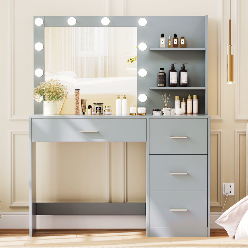 Ebern Designs Makeup Vanity Table with Lighted Mirror, Vanity Desk with 