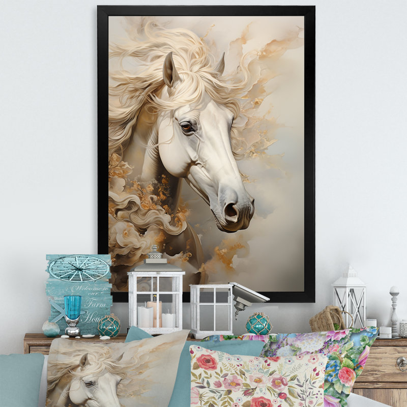 Minimal portrait de cheval beige et blanc sur toile, Cadre photo noir, H 44 po x l 34 po x P 1,5 po