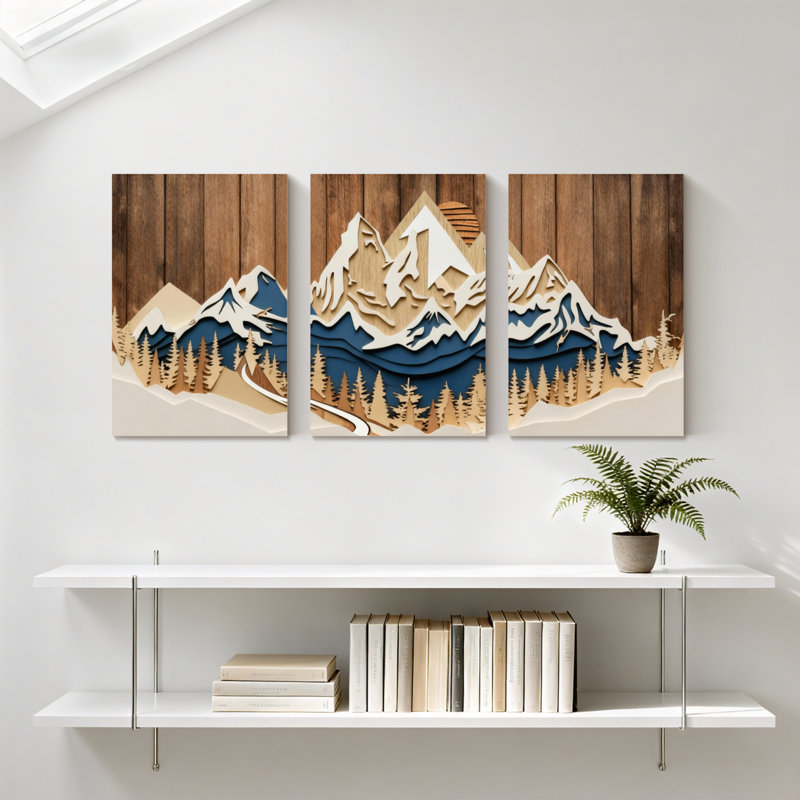 «Landscape & Nature Mountain Landscape with Snowy Peaks and Forest Reflection», ensemble de 3 impressions d'art sur toile
