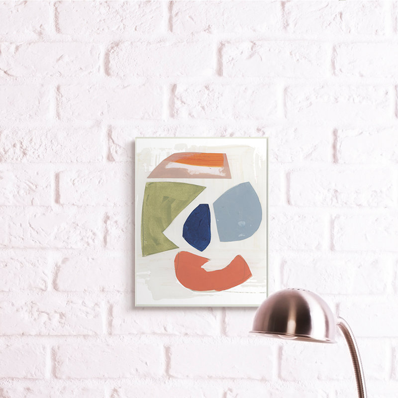 Collage de formes abstraites, vert, orange et bleu par un artiste inconnu - impression, H 19 po x l 13 po, Plaque murale