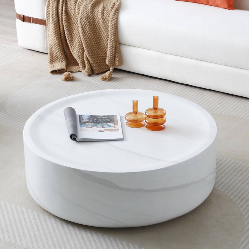 Round Modern Coffee Table, Cream, 12" H x 39.4" L x 39.4" W