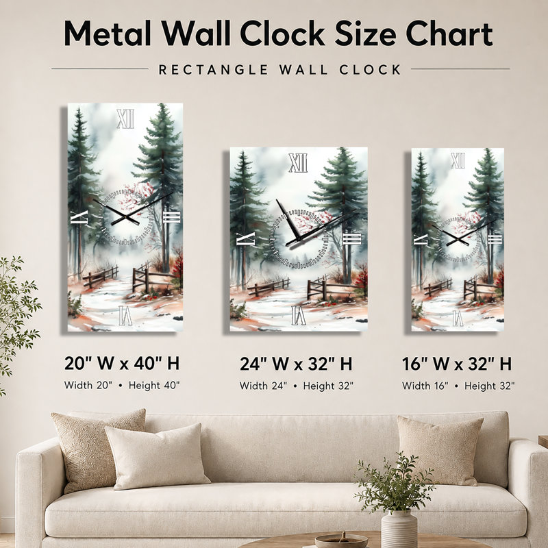 Chemin forestier de pins enneigés II - Grande horloge murale rustique blanche en métal, H 32 po x l 24 po - Rectangle