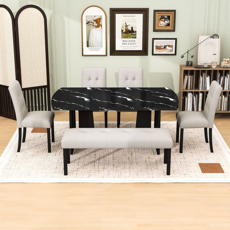 Ensemble de table de salle à manger 6 pièces avec table en faux marbre, 4 chaises rembourrées et banc, Noir, Beige