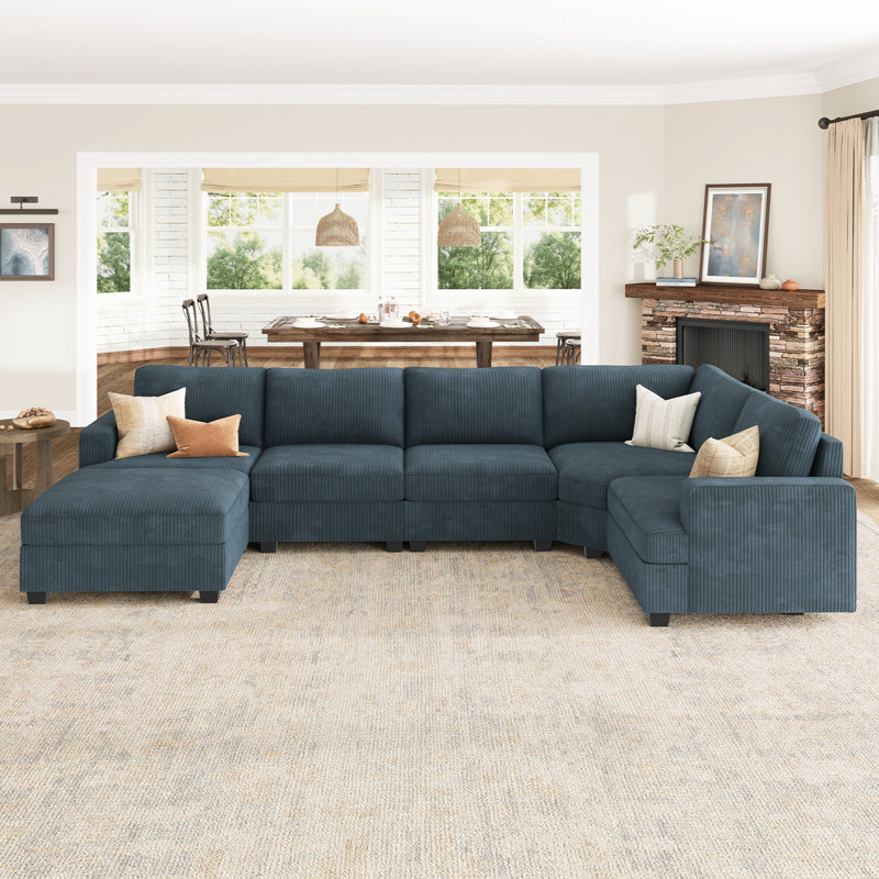 Canapé modulaire en U avec repose-pieds Anureet, Velours côtelé bleu