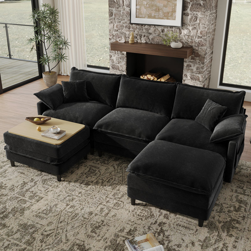 Canapé modulaire en U profond 108 pièces 5 pièces 108 po avec repose-pieds - tissu de qualité supérieure, Velours côtelé noir