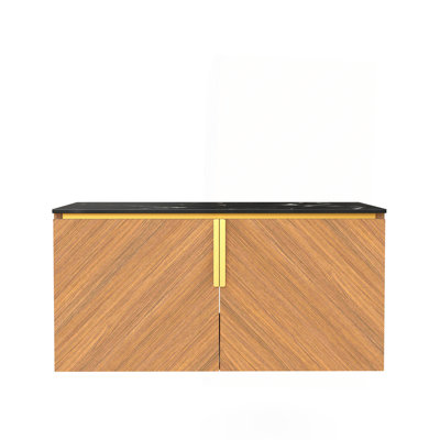 36" Black Sintered Stone With Stone Pattern Countertop And Brown Oak Cabinet, NO Basin, NO Faucet And Sink Cover